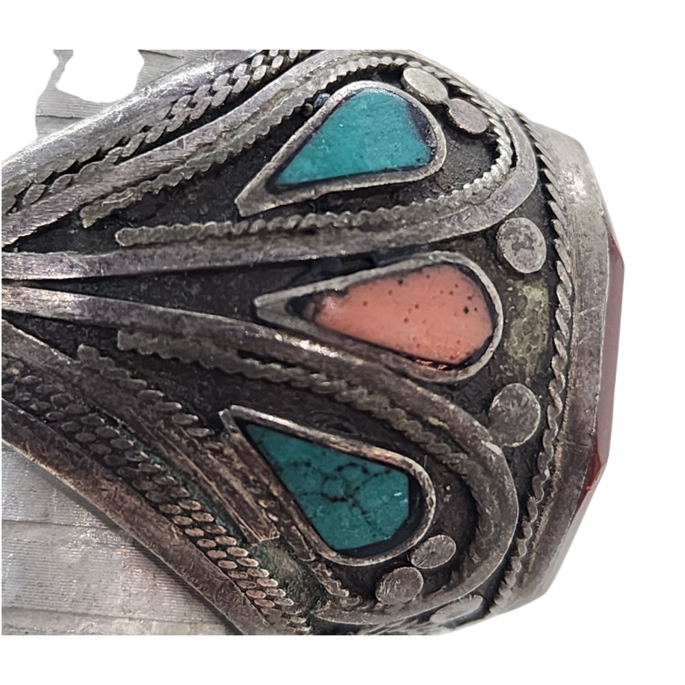 Vintage Ring Turkmen Silver Carved Turquoise Coral Inlay Sz 8.5 Arabic BIG - Picture 11 of 16